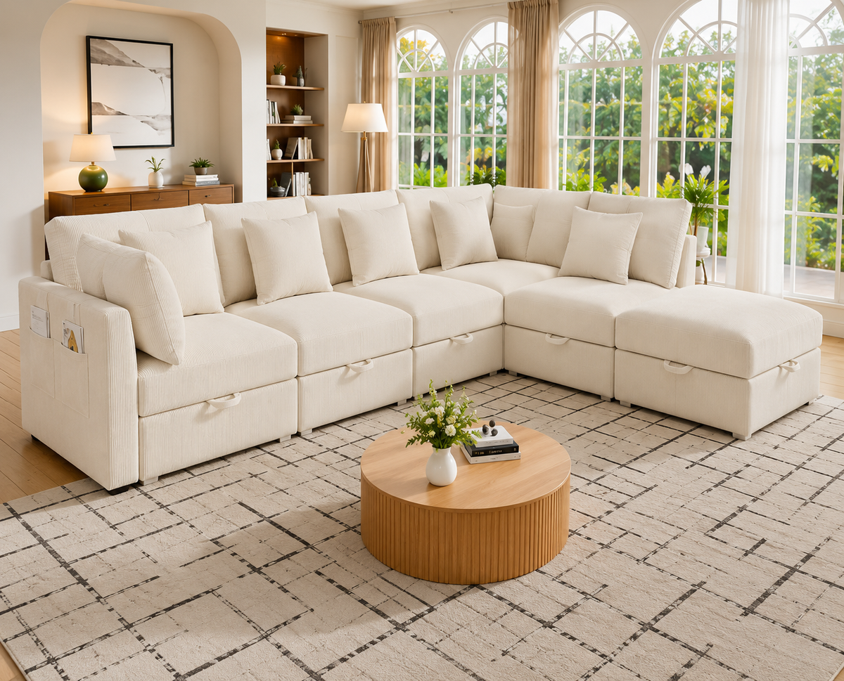Canapé d’Angle XXL Modulable BIVVIA – Ivoire Crème