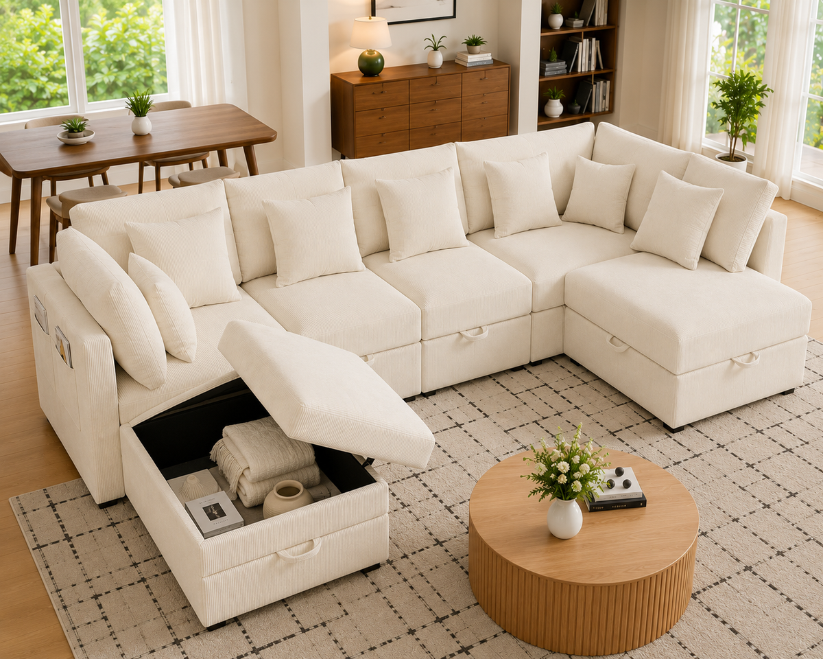 Canapé d’Angle XXL Modulable BIVVIA – Ivoire Crème
